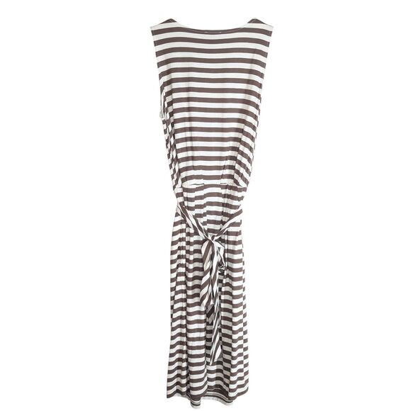 EUC Talbots Brown Cream Striped Sleeveless Dress Size XS Tie Waist Pockets Soft! - Picture 3 of 9
